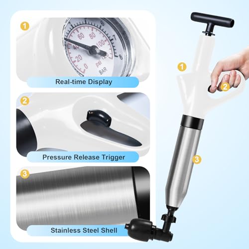 Image of Toilet Plunger - Plungers for Bathroom Heavy Duty, Powerful Toilet Snake for Unclogging Plunger with Real-Time Pressure Indicator Plungers for Washbasin, Floor, Kitchen Clogged (White)