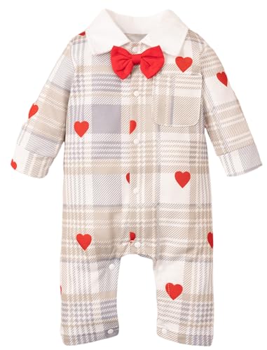 Image of Woleroyir Baby Boy Valentine's Day Outfit Gentleman Bowtie Tuxedo Suit One Piece Romper Heart Print Bodysuit 0 to 2 Year