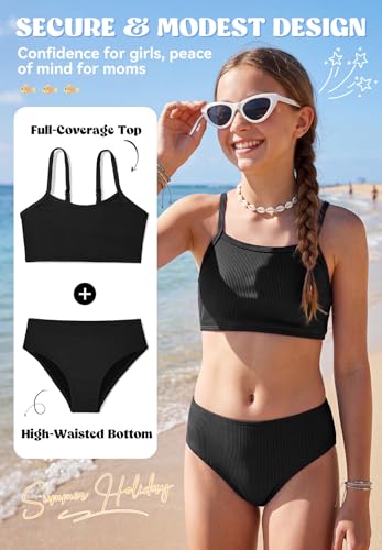 Image of Zando 2 Piece Ribbed Swimsuits for Teen Girls Kids Size 6-15 Years High Waisted Solid Cute Bikini for Summer Beach Wear