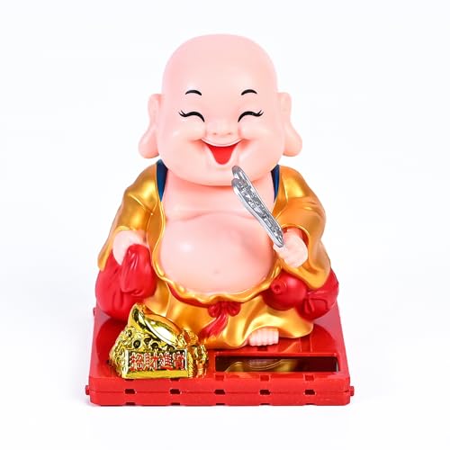 Image of ZAICUS Solar-Powered Buddha Monk Figurine - Feng Shui Decor for Wealth, Prosperity, and Good Luck with Moving Head & Hand (Red)
