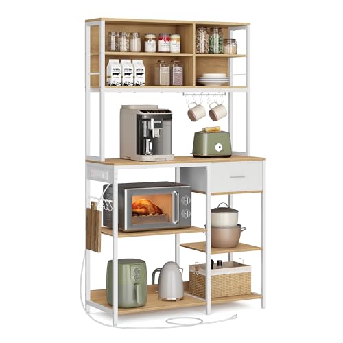 VASAGLE Bakers Rack with Charging Station, Coffee Bar Stand with Adjustable Storage Shelves, Fabric Drawer, 12 Hooks, Table for Microwave, Kitchen, Gold Oak and Cloud White UKKS028Y09 Gold O
