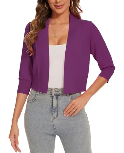 Image of Women 3 /4 Sleeve Cropped Cardigan Lightweight Casual Open Front Bolero Shrug Sweaters