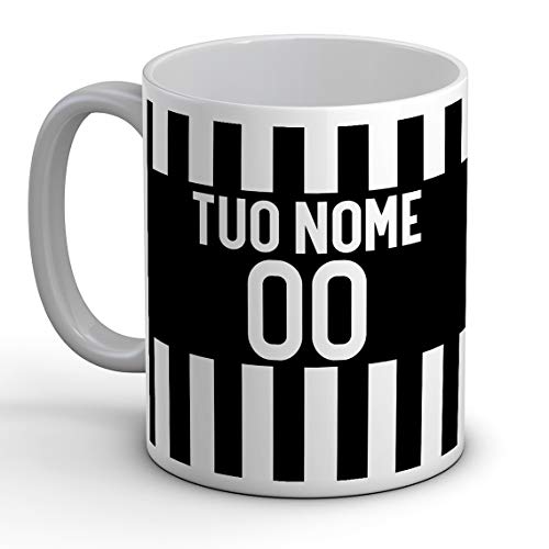 quickgadget Idea Arredo Casa regalo Tazza Sport in ceramica sport per tifoso calcio Bianco Nero, personalizzato con nome e numero