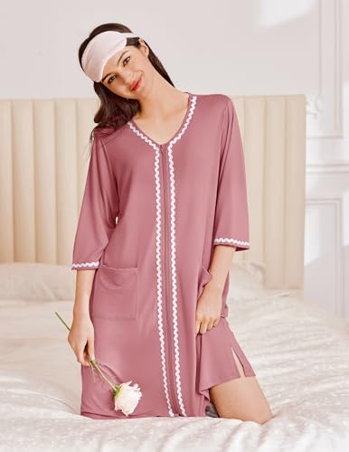 Image of Ekouaer Zipper Robes for Women 3 /4 Sleeves Lightweight House Coat Zip Up Bathrobe Soft Nightgown with Pockets S-3XL