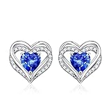 Iefil Earrings for Women, 925 Sterling Silver September Birthstone Blue Sapphire Heart Stud Earrings for Women