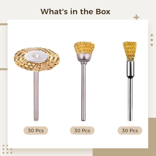 Image of Mini Wire Brush Set, 90 Pieces Brass Cleaning and Polishing Kit, 3 mm Shank, Includes Cup, Wheel, and Pen Brushes, Metal Rust Removal Accessories for Rotary Tool, Drill, Automotive, Workshop Use