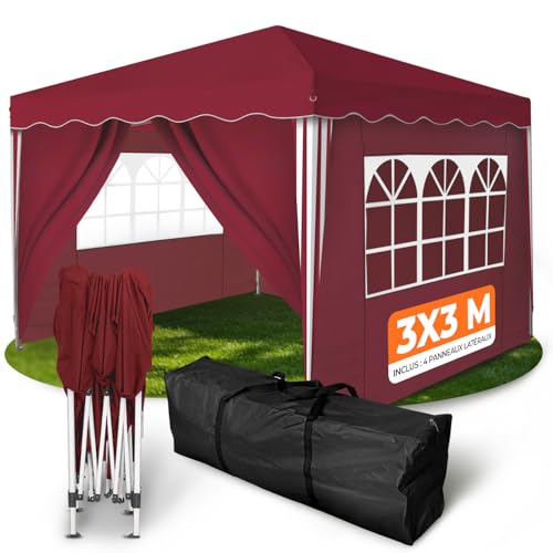 Kronenburg Tonnelle Pliante 3x3m Rouge Imperméable Protection UV 50+ avec 4 Parois Latérales – Barnum de Jardin Robuste pour Événements Extérieurs et...