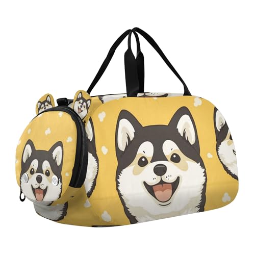 Glaphy Cartoon Shiba Inu Dog Duffle Bag for Toddler Boys Girls, Gym Sports Bag with Shoe Compartments, Kids Travel Overnight Weekender Shoulder Bag