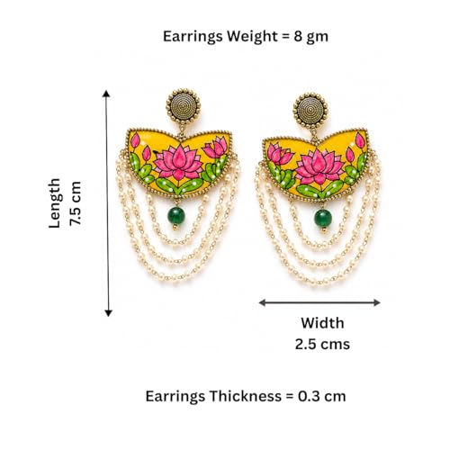 Image of KHOJ.CITY Ethnic Earrings for Women | Lightweight, Hand-Painted Chandbali with Pearl Chain | Handmade Jewellery for Women | Boho Earrings For Girls