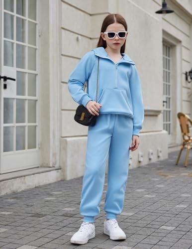 Image of Arshiner Girls 2 Piece Outfits Sweatsuit Half Zip Sweatshirt and Sweatpants | Fall Winter, Drop Shoulder Long Sleeve, Thumbhole Hoodies, with Sweatpant, Jogger Set, Sweat Set, Tracksuits with Pockets
