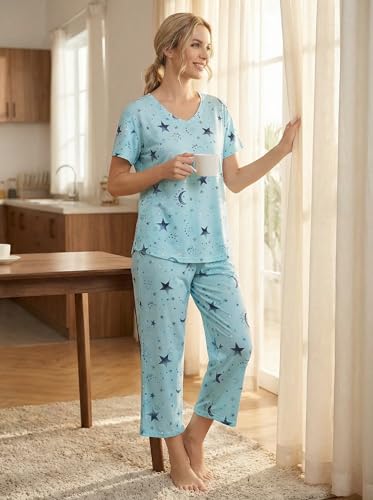 Image of CHUNG Women Cotton Pajama Sets Sleepwear pjs Short Sleeve Shirt Capri Length Crop Pants Cute Vivid Print