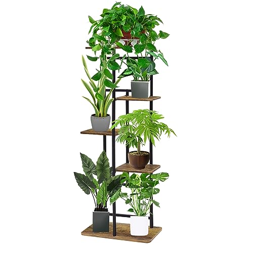 Estante de metal alto de madera de 5 niveles, estante de esquina para múltiples macetas, estante de exhibición, estante de almacenamiento para balcón, jardín, interior y exterior