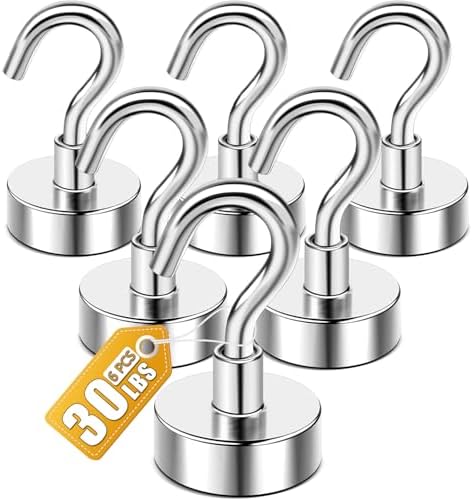 DIYMAG Garage Storage Hooks 6 Pack, 30lbs 2026 Cruise Cabin Ship Essentials N52 Magnetic Hook Heavy Duty Strong Wall Mount Magnets Fridge for Classroom Wall Mount Kitchen Grills Silver