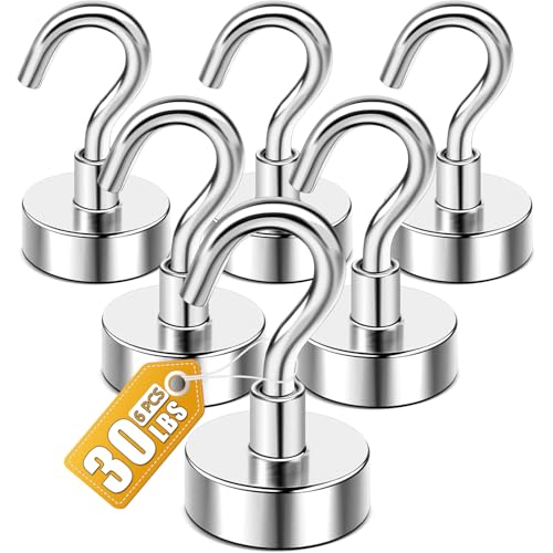 DIYMAG Hooks for Hanging String Lights, 30lbs 2025 Cruise Cabin Ship Essentials N52 Magnetic Hook Heavy Duty Strong Magnets Fridge for Classroom Beach Vacation Kitchen Grills 6 Pack Silver