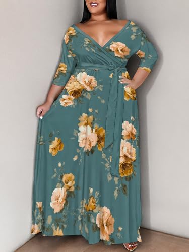 Image of SUZONANA Plus Size Maxi Dresses for Curcy Women Casual Loose 3 /4 Sleeve Long Dress with Belt
