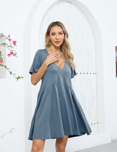 Image of Gozoloma Women Summer Short Sleeve Mini Dress Casual Loose V Neck Flowy Sundress Vacation Tshirt Sun Dress with Pockets