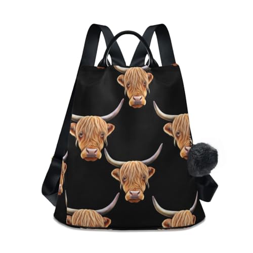 Mochila casual Highland Cow para viajes urbanos de mujer con pompón