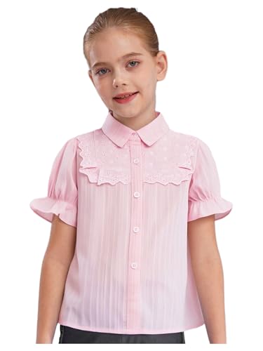 Linjinx Kids Girls Cotton Shirts Princess Short Puff Sleeve Button Down School Uniform Shirts Blouse Summer Casual Tops
