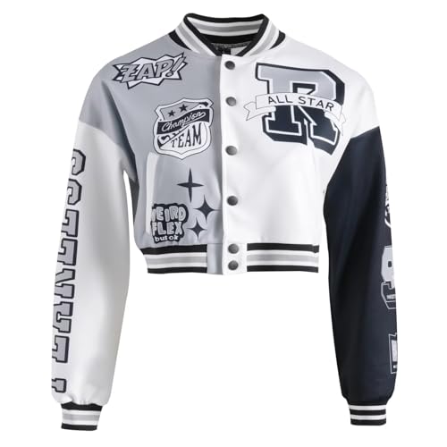 Image of Teen Girls Crop Varsity Jacket Bomber Jacket Style Casual Fit Baseball Sport Y2K Streetwear Short Cardigan Sweatshirt
