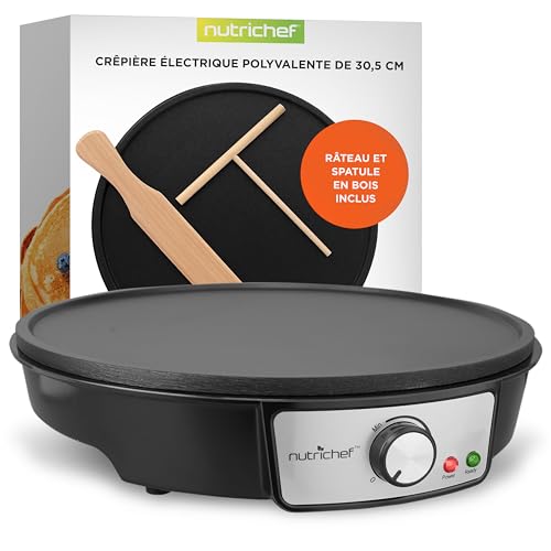 NutriChef Crêpière Électrique 30 cm – Plaque en Aluminium Antiadhésive avec LED, Thermostat Réglable, Spatule Bois et Râteau Inclus