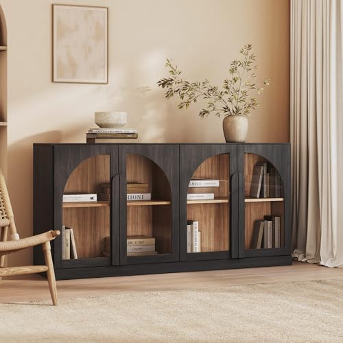 Image of BELLEZE Bijou 64 inch Arched Glass Door Sideboard, Accent Buffet Cabinet with Storage and Adjustable Shelves, Classic Modern Large Console Table for Dining Room Living Room Entryway - Ebony