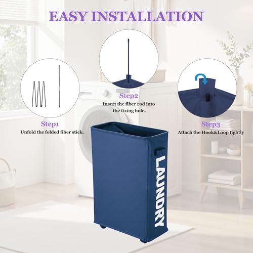 Image of Narrow Laundry Basket with Wheels, 42L Slim Rolling Laundry Hamper with Brake, Collapsible Dirty Clothes Hamper with Mesh Cover & Handle, Storage Bin for Dorm, RV, Small Spaces, Navy Blue