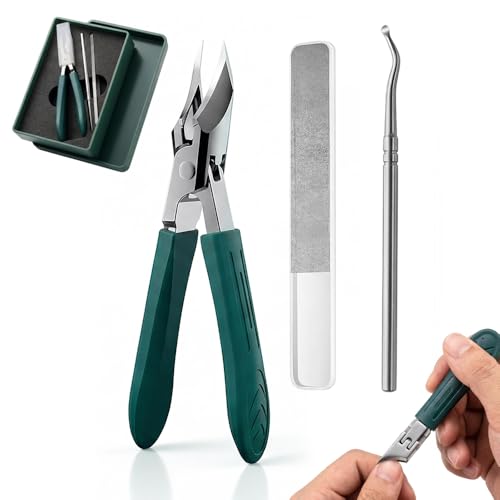 3PCS Eagle Beak Beveled Nail Clippers Stainless Steel Wide Jaw Opening Anti-Splash Nail Clipper Long Handle Angled Head Toenail Clippers for Ingrown & Thick Toenails for Men Women (Green)