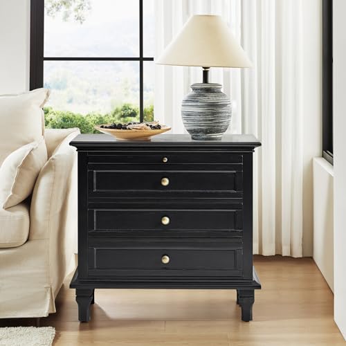 HULALA HOME Farmhouse 3 Drawer End Table with Tray, Drawer Organizer with Solid Wood Legs, End Table with Charging Station（Black）