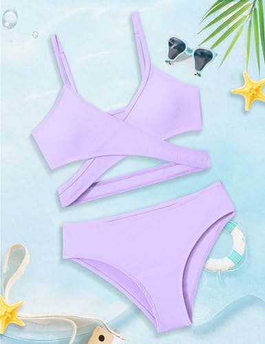 Image of Girls Swimsuit Bikini Set,Criss Cross Bathing Suits for Girl Two Piece Solid Color Girls' Swimwear for 7-16 Years