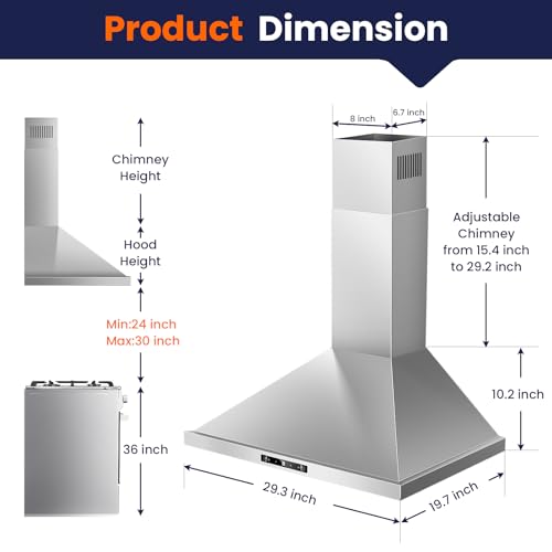 Image of Wall Mount Range Hood 30 inch, 800 CFM Kitchen Hood Stainless Steel Stove Vent Hood with Gesture Sensing & Touch Control, Ducted /Ductless Convertible Duct, 3-Speed Fan, LED Lights, Baffle Filters