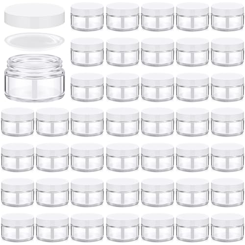 Domensi 60 Pcs 1oz Glass Jars with Lids Bulk Salve Tins Small Glass Candle Cosmetic Jars for Travel with Inner Liners Containers for Lotions Sample Cream(Clear, White Lid)