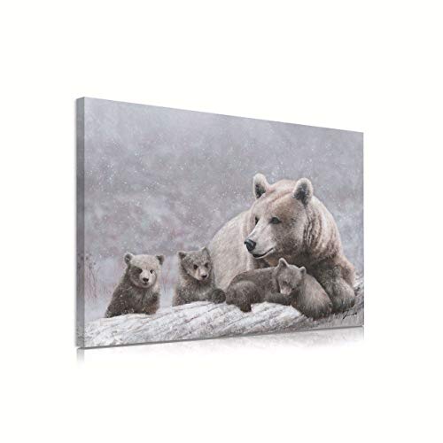 Impression sur toile ours grizzly maman oursons pour déco murale chambre