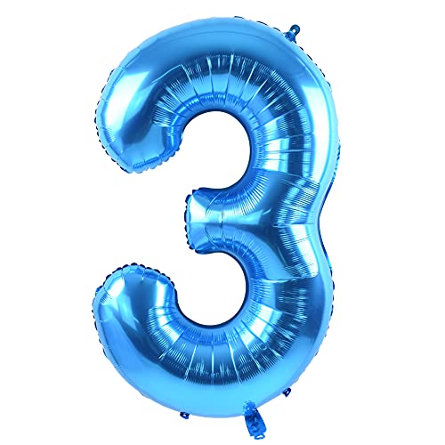 Image of TONIFUL 40 Inch Blue Number 3 Balloons Large Foil 3rd Birthday Decorations | Blue 3 Balloon Number Three for 3rd 13th 23rd 30th 33rd Birthday 3 Year Anniversary, Blue Decor for Men Women Boys Girls
