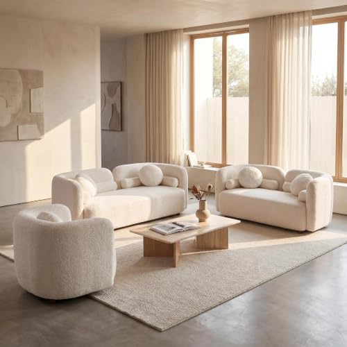 Image of Curved Couch Set for Living Room, 3 Piece Boucle Sofa & Loveseat Set with Accent Chair, Deep Seat Modern Sofa Set, Minimalist Upholstered Living Room Furniture Set for Home Apartment Office, White