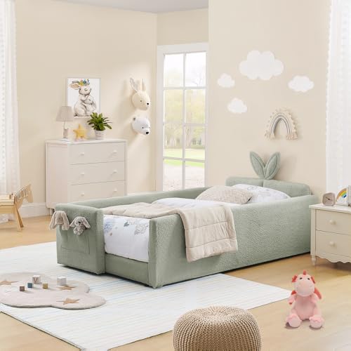 Image of Twin Size Kids Bed with Rabbit Ear Headboard, Upholstered Boucle Fabric Twin Daybed with Slats Support & Side Pockets, Space-Saving Wooden Corner Sofa Couch Bed Frame for Girls, Boys, Teenager(Green)