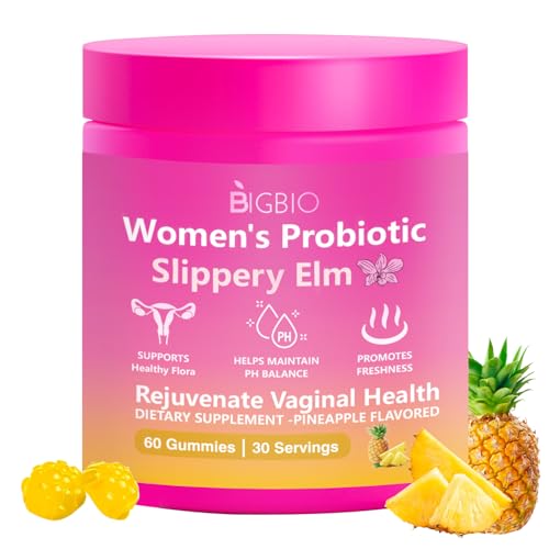 BIGBIO Feminine Probiotics Gummies Slippery Elm for Women Vaginal Health Supplement for pH Balance Odor Control Yeast Balance Flora Immune Support Suagr-Free Veagn Pineapple Flavor 60 Count