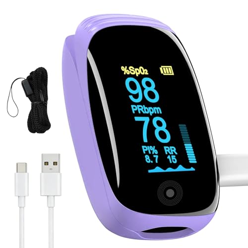 Rechargeable pulse oximeter with respiration with SpO2 Pulse Rate and PI RR Precision Fast Oximeter SpO2 Reading Outdoor Sports Home (Purple)