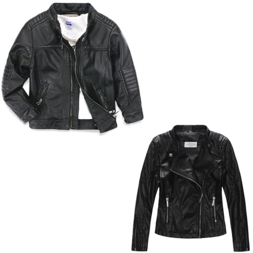 LJYH Boys Leather Jackets New Spring Biker Children Girls Collar Quilted Motorcycle Faux Leather Zipper Coats Black 9/10yrs