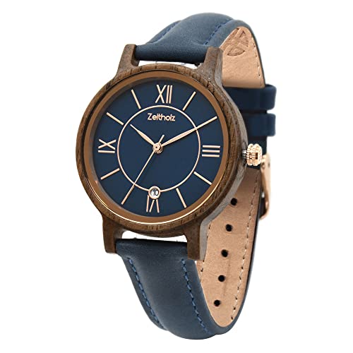 Zeitholz Holzuhr Damen, Armbanduhr, Lederband Blau, Analog, Quarz, Neue Rosenbach Kollektion 36mm, Naturholz mit Japanischem Quarzwerk. Eine Aussergewöhnlich Vielseitige...