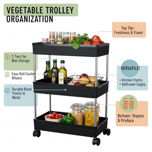 Image of Umite Chef 3 Tier Kitchen Trolley Organizer with Wheels | Multipurpose Storage Rack | Vegetable & Fruit Basket Stand | Rolling Utility Cart for Kitchen, Bathroom, Office - Black