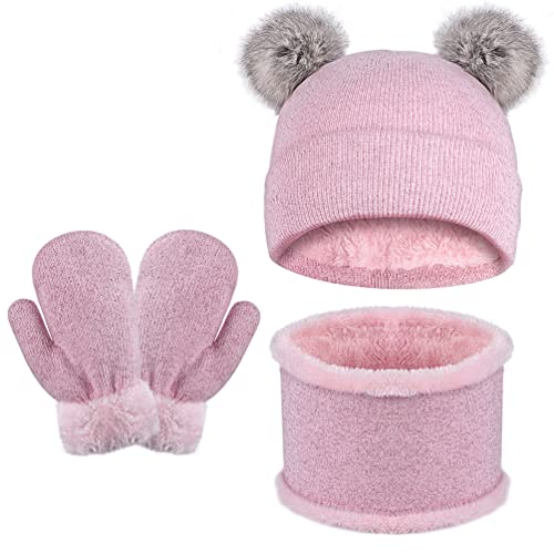 Kids Winter Hats Gloves Scarf Set - Toddler 3Pcs Knitted Mittens for Boys Girls Cold Weather Warm & Thick with Cute Fur Ball
