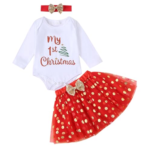 Asmea Ropa Bebe Niña Ropa Navidad Bebe Traje Navidad Bebe Conjunto Navidad Bebe Disfraz Navidad Bebe la Primera Navidad Body Bebe+Tutu+Diadema Ropa Bebe Niña 12-18 Meses