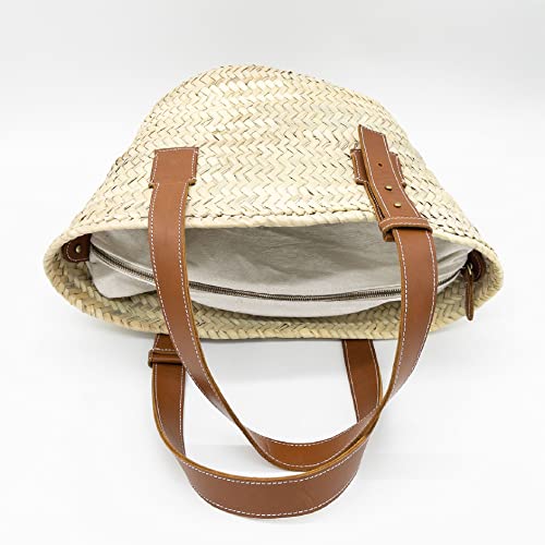 Bolso cesta de paja con asas de cuero estilo francés miniatura 2