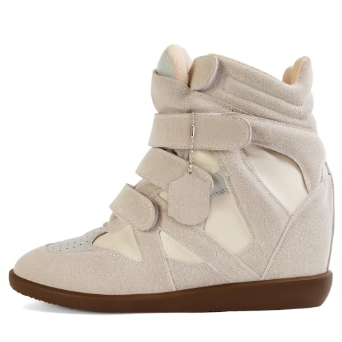 Image of Wedge Sneakers for Women Heels Suede Hook and Loop High Heel Tennis Round Toe Triple Strappy Band Casual Vintage Fashion Dressy Comfy Campus Trendy Retro Sneaker