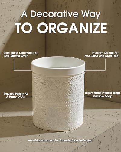 Image of FUN ELEMENTS Kitchen Utensil Holder, 7.2 inch Super Large Utensil Crock Heavy and Stable Lace Emboss Ceramic Utensil Holder for Kitchen Counter (Bright White)