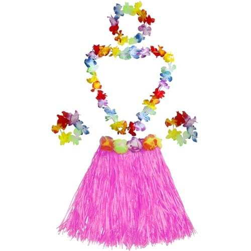 Hula Dancer Disfarce, disfarce havaiano saia de palha, conjunto de 5 peças havaiano com colar pulseira grinalda diadema havaiano, saia havaiana erva para meninas e mulher adultos para praia festas
