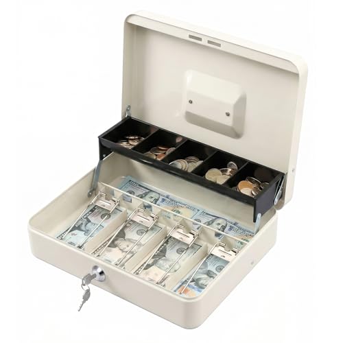 Image of KYODOLED Locking Cash Box with Lock,Money Box with Cash Tray,Lock Safe Box with Key,Money Saving Organizer,11.81Lx 9.45Wx 3.54H Inches,White XL Large