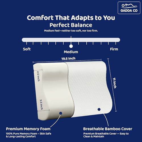 Image of GADDA CO Memory Foam Cervical Neck Pillow for Neck & Shoulder Pain -Orthopedic Pillow for Sleeping, Posture & Spinal Alignment, Pain Relief, Size-19.5x11x3.5 in, White & Grey Jacquard, 2-Year Warranty