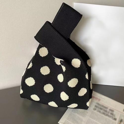 Bolso de muñeca tejido con estampado de lunares para mujer, color negro, estilo polka dot, pequeño y práctico, ideal para compras diarias o como regalo miniatura 5