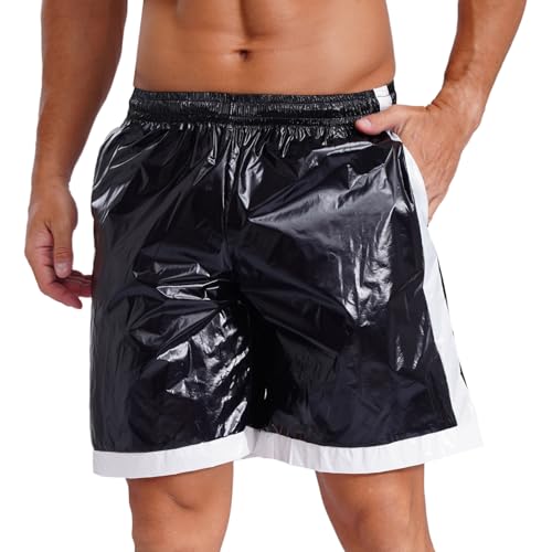 Men's Faux Leather Contrast Stripe Waterproof Beach Shorts with Pockets Swimwear2